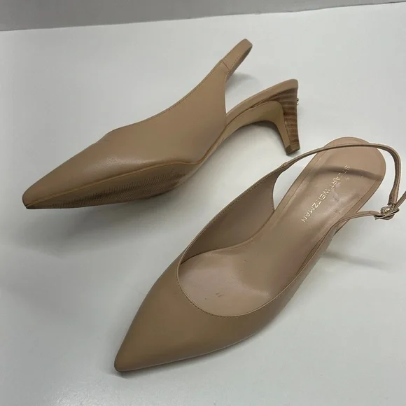 Stuart Weitzman Mara 50 Leather Slingback Kitten Heels Pump Shoes Beige Size 7.5 - Picture 2 of 9
